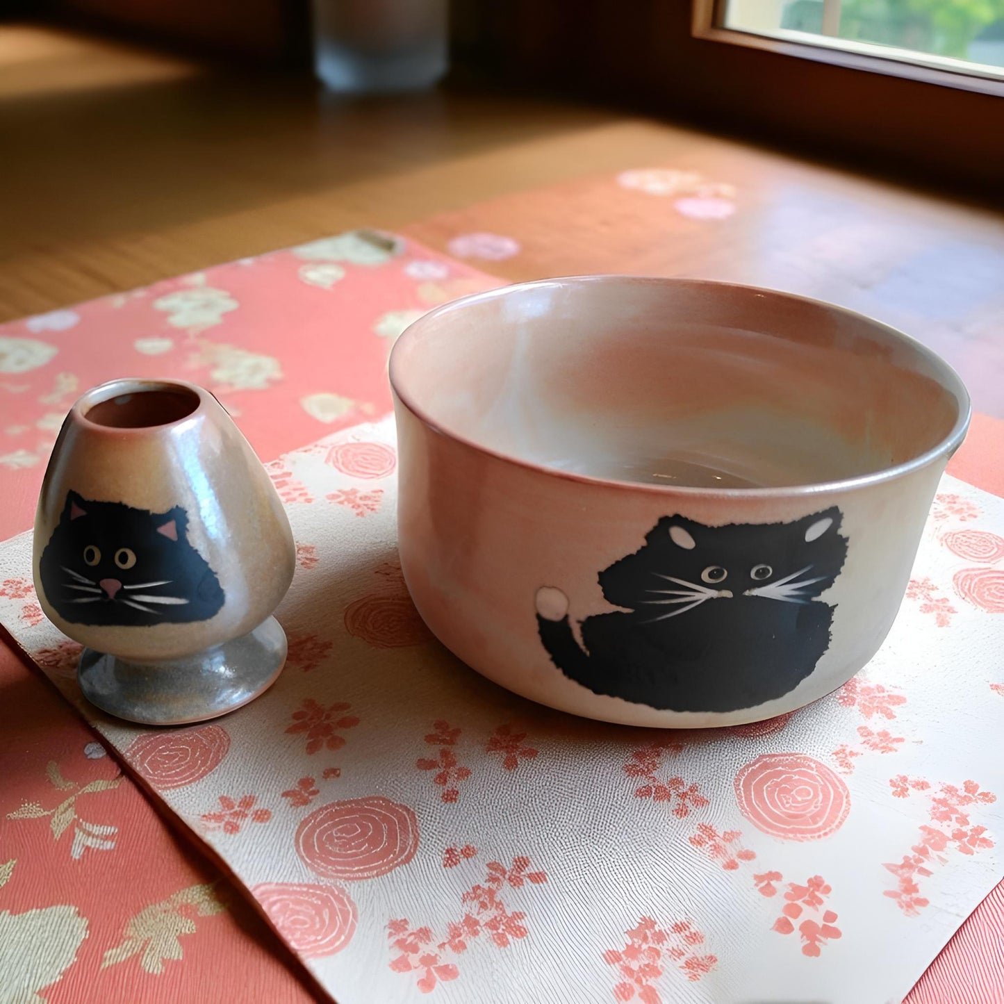 Black Cat Chawan and Whisk Holder Set