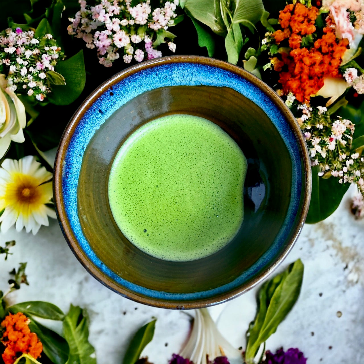 A bowl of okumidori ceremonial matcha.