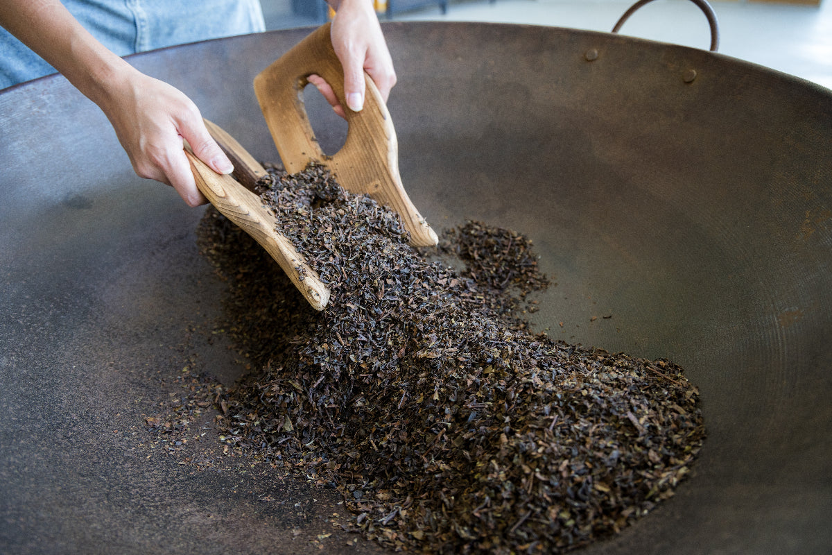 Hojicha being roasted by hand.
