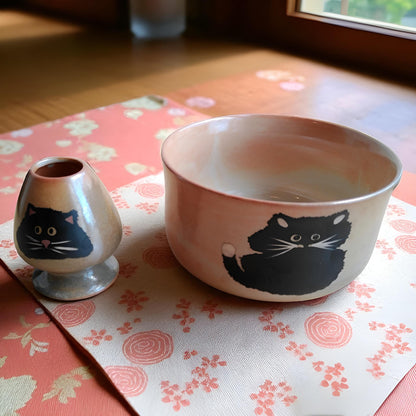 Black Cat Chawan and Whisk Holder Set