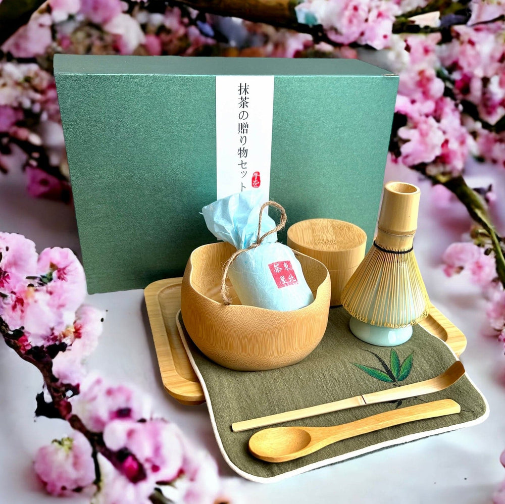 Shot of the bamboo matcha gift set, featuring a tin of ceremonial matcha. 