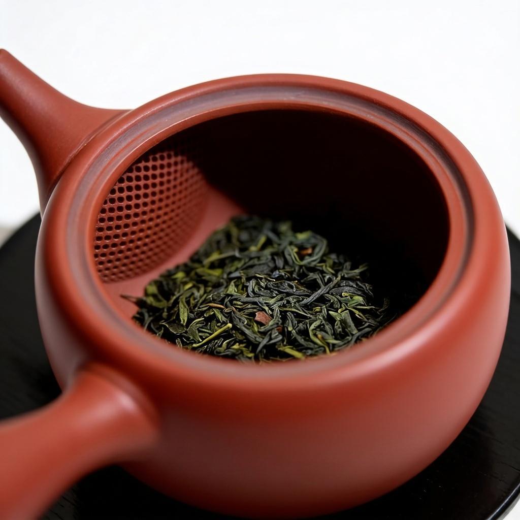 A close-up of a terracotta-colored clay teapot with its lid off, showing loose green tea leaves inside. The teapot is photographed on a black surface against a clean white background.