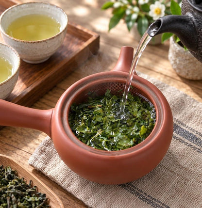 A terracotta-style teapot with a strainer filled with loose green tea leaves, with clear water being poured in from a black kettle. Two small cups of tea sit on a wooden tray in the background on a rustic wooden table.