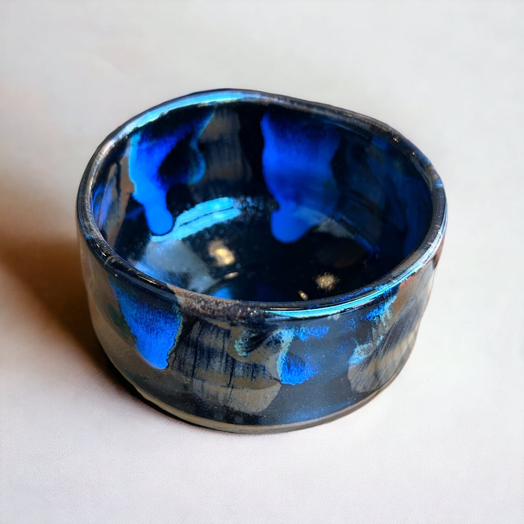 Angled shot of the blue earth matcha bowl.
